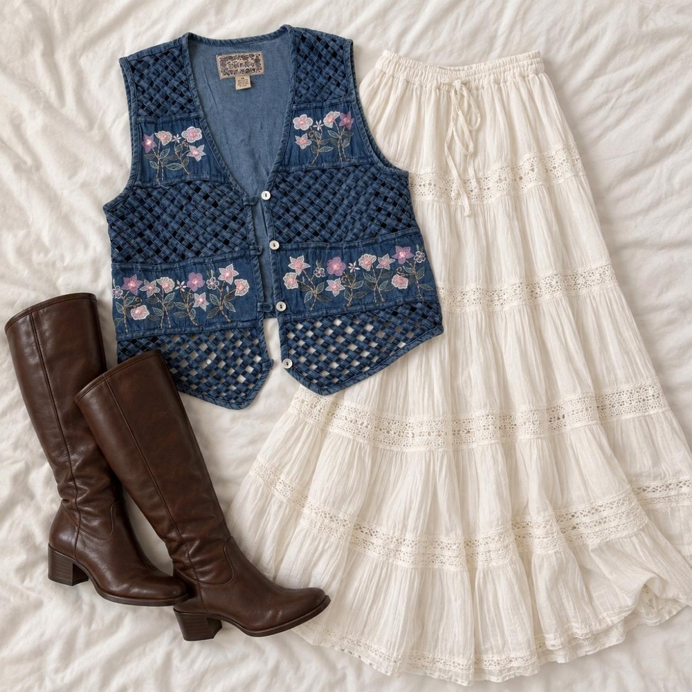 90s Blues size medium blue denim floral embroidered lattice vest